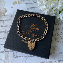 Cargar imagen en el visor de la galería, Vintage English 9ct Gold Curb Link Bracelet With Heart Padlock Clasp