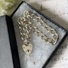 Carica l'immagine nel visualizzatore di Gallery, Vintage Heavy Sterling Silver Heart Padlock Bracelet. Chunky Victorian Style Curb Chain Bracelet. Unisex English Bracelet, Hallmarked 1979