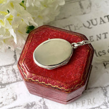 Cargar imagen en el visor de la galería, Vintage English Engraved Silver Locket Pendant & Chain. Small Oval Floral Engraved Locket Necklace. Antique Style Petite Photo Locket