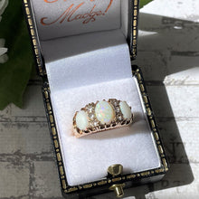 Carica l'immagine nel visualizzatore di Gallery, Vintage 9ct Gold 2.5 Carat Opal & Diamond Ring. Edwardian Revival 3-Stone Trilogy Boat Ring. Antique Style Cocktail Ring, 1970 Hallmarks