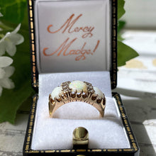 Carica l'immagine nel visualizzatore di Gallery, Vintage 9ct Gold 2.5 Carat Opal & Diamond Ring. Edwardian Revival 3-Stone Trilogy Boat Ring. Antique Style Cocktail Ring, 1970 Hallmarks