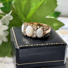 Carica l'immagine nel visualizzatore di Gallery, Vintage 9ct Gold 2.5 Carat Opal & Diamond Ring. Edwardian Revival 3-Stone Trilogy Boat Ring. Antique Style Cocktail Ring, 1970 Hallmarks