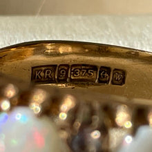 Carica l'immagine nel visualizzatore di Gallery, Vintage 9ct Gold 2.5 Carat Opal & Diamond Ring. Edwardian Revival 3-Stone Trilogy Boat Ring. Antique Style Cocktail Ring, 1970 Hallmarks