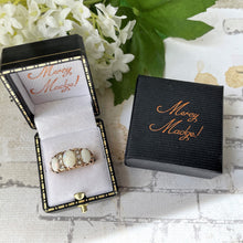 Carica l'immagine nel visualizzatore di Gallery, Vintage 9ct Gold 2.5 Carat Opal & Diamond Ring. Edwardian Revival 3-Stone Trilogy Boat Ring. Antique Style Cocktail Ring, 1970 Hallmarks