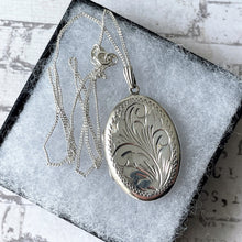 Load image into Gallery viewer, Vintage Edwardian Style English Sterling Silver Locket &amp; Curb Chain. 1970s Floral Engraved Slender Oval Photo Locket Necklace.
