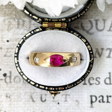 Lade das Bild in den Galerie-Viewer, Vintage 14ct Gold Hot Pink Sapphire & Diamond Gypsy Ring. Yellow Gold 3-Stone Trilogy "Eye" Ring. Anniversary/Wedding Band Size M-1/2/6.5