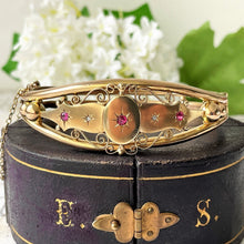 Lade das Bild in den Galerie-Viewer, Victorian Pinchbeck Gold, Diamond & Ruby Bangle. Antique Etruscan Style Yellow Gold Bangle. Mine Cut Diamond, Hot Pink Ruby Antique Bracelet