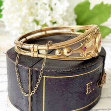 Lade das Bild in den Galerie-Viewer, Victorian Pinchbeck Gold, Diamond & Ruby Bangle. Antique Etruscan Style Yellow Gold Bangle. Mine Cut Diamond, Hot Pink Ruby Antique Bracelet