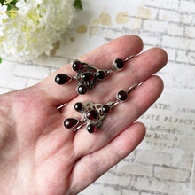 Carica l'immagine nel visualizzatore di Gallery, Antique Bohemian Garnet Pendant Drop Earrings. Art Nouveau Sterling Silver Red Garnet Earrings. Arts & Crafts Era Celtic Knot Earrings.