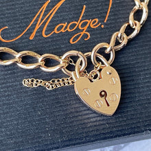 Cargar imagen en el visor de la galería, Vintage English 9ct Gold Curb Link Bracelet With Heart Padlock Clasp