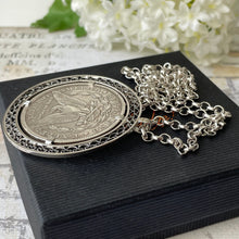 Carica l'immagine nel visualizzatore di Gallery, Antique 1891 Morgan Sterling Silver Dollar Pendant On Belcher Chain. Huge American Liberty Coin Medallion Statement Pendant Necklace.