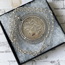 Carica l'immagine nel visualizzatore di Gallery, Antique 1891 Morgan Sterling Silver Dollar Pendant On Belcher Chain. Huge American Liberty Coin Medallion Statement Pendant Necklace.