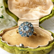 Lade das Bild in den Galerie-Viewer, Antique Victorian 9ct Gold & Silver Aquamarine Paste Ring. Georgian Pale Blue Paste Flower Ring. Daisy Cluster Antique Paste Gemstone Ring