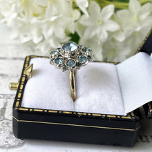 Lade das Bild in den Galerie-Viewer, Antique Victorian 9ct Gold & Silver Aquamarine Paste Ring. Georgian Pale Blue Paste Flower Ring. Daisy Cluster Antique Paste Gemstone Ring