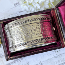 Lade das Bild in den Galerie-Viewer, Victorian Aesthetic 1881 Sterling Silver Bangle In Antique Fitted Box. Antique Swallow Floral Engraved Wide Cuff Silver Bangle Bracelet
