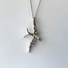 Lade das Bild in den Galerie-Viewer, Antique Silver Paste Diamond Swallow Pendant & Chain. Victorian/Edwardian Sterling Silver Love Bird Pendant Necklace. Sweetheart Jewelry