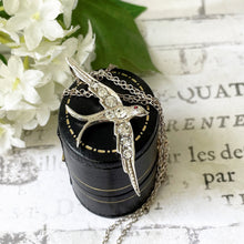 Lade das Bild in den Galerie-Viewer, Antique Silver Paste Diamond Swallow Pendant & Chain. Victorian/Edwardian Sterling Silver Love Bird Pendant Necklace. Sweetheart Jewelry