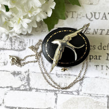 Lade das Bild in den Galerie-Viewer, Antique Silver Paste Diamond Swallow Pendant & Chain. Victorian/Edwardian Sterling Silver Love Bird Pendant Necklace. Sweetheart Jewelry
