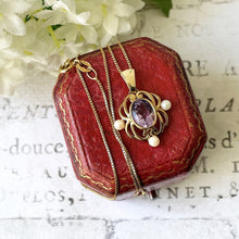 Lade das Bild in den Galerie-Viewer, Vintage 9ct Gold Amethyst & Pearl Pendant On 9ct Gold Chain. English Yellow Gold Art Nouveau Style Openwork Pendant Necklace.