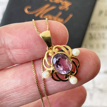 Lade das Bild in den Galerie-Viewer, Vintage 9ct Gold Amethyst & Pearl Pendant On 9ct Gold Chain. English Yellow Gold Art Nouveau Style Openwork Pendant Necklace.