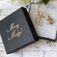 Lade das Bild in den Galerie-Viewer, Vintage 9ct Gold Amethyst & Pearl Pendant On 9ct Gold Chain. English Yellow Gold Art Nouveau Style Openwork Pendant Necklace.