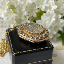 Lade das Bild in den Galerie-Viewer, Victorian Aesthetic Engraved Gold On Silver Locket, 1884 Hallmarks. Antique Engraved Swallow Oval Sweetheart Locket On Chain.