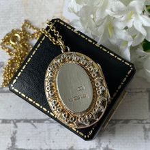 Lade das Bild in den Galerie-Viewer, Victorian Aesthetic Engraved Gold On Silver Locket, 1884 Hallmarks. Antique Engraved Swallow Oval Sweetheart Locket On Chain.