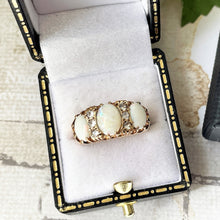 Carica l'immagine nel visualizzatore di Gallery, Vintage 9ct Gold 2.5 Carat Opal & Diamond Ring. Edwardian Revival 3-Stone Trilogy Boat Ring. Antique Style Cocktail Ring, 1970 Hallmarks