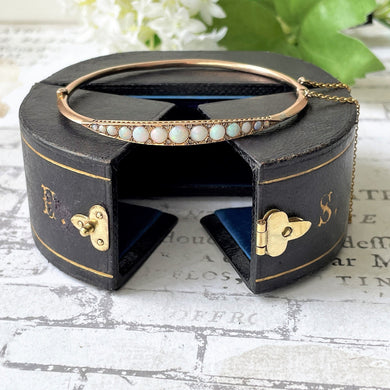 Edwardian Opal & Diamond 9ct Rose Gold Bangle In Monogrammed Fitted Case. Antique Chester 1905 Gold Bangle Bracelet With Morocco Leather Box