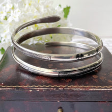 Lade das Bild in den Galerie-Viewer, Art Deco Egyptian Revival Engraved Silver & Enamel Snake Bangle. 1930s 3-Coil Snake Forearm Bangle Bracelet. Antique Love Token Jewellery