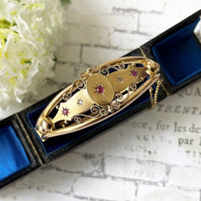 Lade das Bild in den Galerie-Viewer, Victorian Pinchbeck Gold, Diamond & Ruby Bangle. Antique Etruscan Style Yellow Gold Bangle. Mine Cut Diamond, Hot Pink Ruby Antique Bracelet
