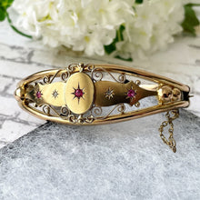 Lade das Bild in den Galerie-Viewer, Victorian Pinchbeck Gold, Diamond & Ruby Bangle. Antique Etruscan Style Yellow Gold Bangle. Mine Cut Diamond, Hot Pink Ruby Antique Bracelet