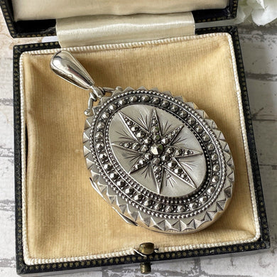 Victorian Baroque Guiding Star Sterling Silver Locket. Large Antique Studded Star English Silver Locket, T & Co 1886. Bookchain Locket.