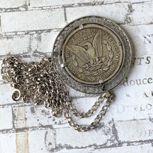 Carica l'immagine nel visualizzatore di Gallery, Antique 1891 Morgan Sterling Silver Dollar Pendant On Belcher Chain. Huge American Liberty Coin Medallion Statement Pendant Necklace.