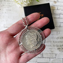 Carica l'immagine nel visualizzatore di Gallery, Antique 1891 Morgan Sterling Silver Dollar Pendant On Belcher Chain. Huge American Liberty Coin Medallion Statement Pendant Necklace.