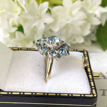 Lade das Bild in den Galerie-Viewer, Antique Victorian 9ct Gold & Silver Aquamarine Paste Ring. Georgian Pale Blue Paste Flower Ring. Daisy Cluster Antique Paste Gemstone Ring