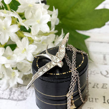 Lade das Bild in den Galerie-Viewer, Antique Silver Paste Diamond Swallow Pendant & Chain. Victorian/Edwardian Sterling Silver Love Bird Pendant Necklace. Sweetheart Jewelry