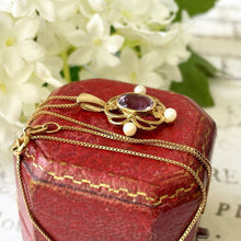 Lade das Bild in den Galerie-Viewer, Vintage 9ct Gold Amethyst & Pearl Pendant On 9ct Gold Chain. English Yellow Gold Art Nouveau Style Openwork Pendant Necklace.