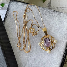 Lade das Bild in den Galerie-Viewer, Vintage 9ct Gold Amethyst & Pearl Pendant On 9ct Gold Chain. English Yellow Gold Art Nouveau Style Openwork Pendant Necklace.