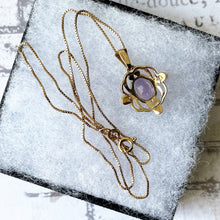 Lade das Bild in den Galerie-Viewer, Vintage 9ct Gold Amethyst & Pearl Pendant On 9ct Gold Chain. English Yellow Gold Art Nouveau Style Openwork Pendant Necklace.