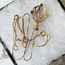 Lade das Bild in den Galerie-Viewer, Vintage 9ct Gold Amethyst & Pearl Pendant On 9ct Gold Chain. English Yellow Gold Art Nouveau Style Openwork Pendant Necklace.