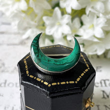 画像をギャラリービューアに読み込む, Victorian Scottish Malachite & Silver Crescent Moon Brooch. Small Antique "Honeymoon" Lapel/Tie/Cravat/Stock Pin. Scottish Pebble Jewelry