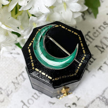 画像をギャラリービューアに読み込む, Victorian Scottish Malachite & Silver Crescent Moon Brooch. Small Antique "Honeymoon" Lapel/Tie/Cravat/Stock Pin. Scottish Pebble Jewelry