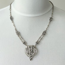 Lade das Bild in den Galerie-Viewer, Vintage Edinburgh Silver Art Nouveau Iris Necklace. Sterling Silver Fancy Chain & Flower Pendant Necklace. Antique Style Lavalier Necklace