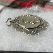 Cargar imagen en el visor de la galería, Vintage Scottish Silver Highland Fling Fob Pendant Necklace. Large Engraved Thistle, Rose & Shamrock Scottish Dancing Medal Dated 1954.