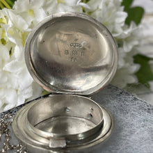 Lade das Bild in den Galerie-Viewer, Antique English Silver Sovereign Case Locket Pendant Necklace. Edwardian Forget-Me-Not Engraved Round Puffy Keepsake Locket Pendant On Chain