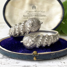 Load image into Gallery viewer, Victorian Etruscan Revival Silver Snake Bangle. Antique Wraparound Cuff Bracelet. British Design Registered Love Token Bangle Bracelet
