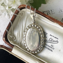 画像をギャラリービューアに読み込む, Vintage Edwardian Style Sterling Silver Oval Locket & Curb Chain. Repousse Engraved English Silver Photo/Keepsake Locket Pendant Necklace