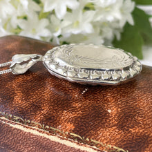 画像をギャラリービューアに読み込む, Vintage Edwardian Style Sterling Silver Oval Locket & Curb Chain. Repousse Engraved English Silver Photo/Keepsake Locket Pendant Necklace