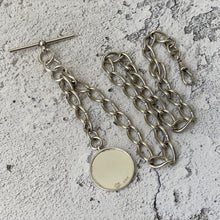 Lade das Bild in den Galerie-Viewer, Large Antique Silver Albert Watch Chain With Goldsmiths & Silversmiths Fob . Watch Chain Curb Link Necklace, Medal Pendant, T-Bar, Dog Clip